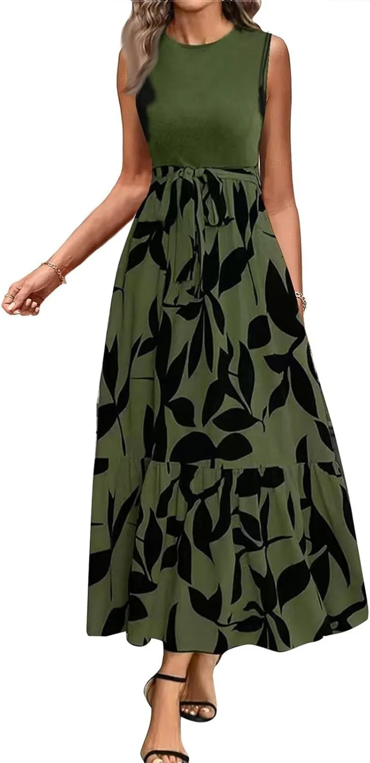 Summer Dresses for Women 2025 Elegant Classy Floral Boho Long Maxi Dress Empire Waist Flowy Swing Sundress with Belt
