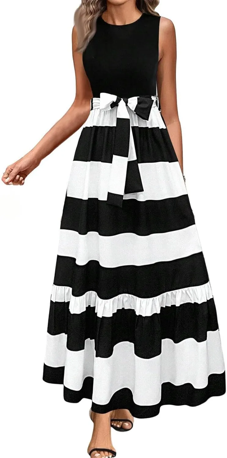 Summer Dresses for Women 2025 Elegant Classy Floral Boho Long Maxi Dress Empire Waist Flowy Swing Sundress with Belt