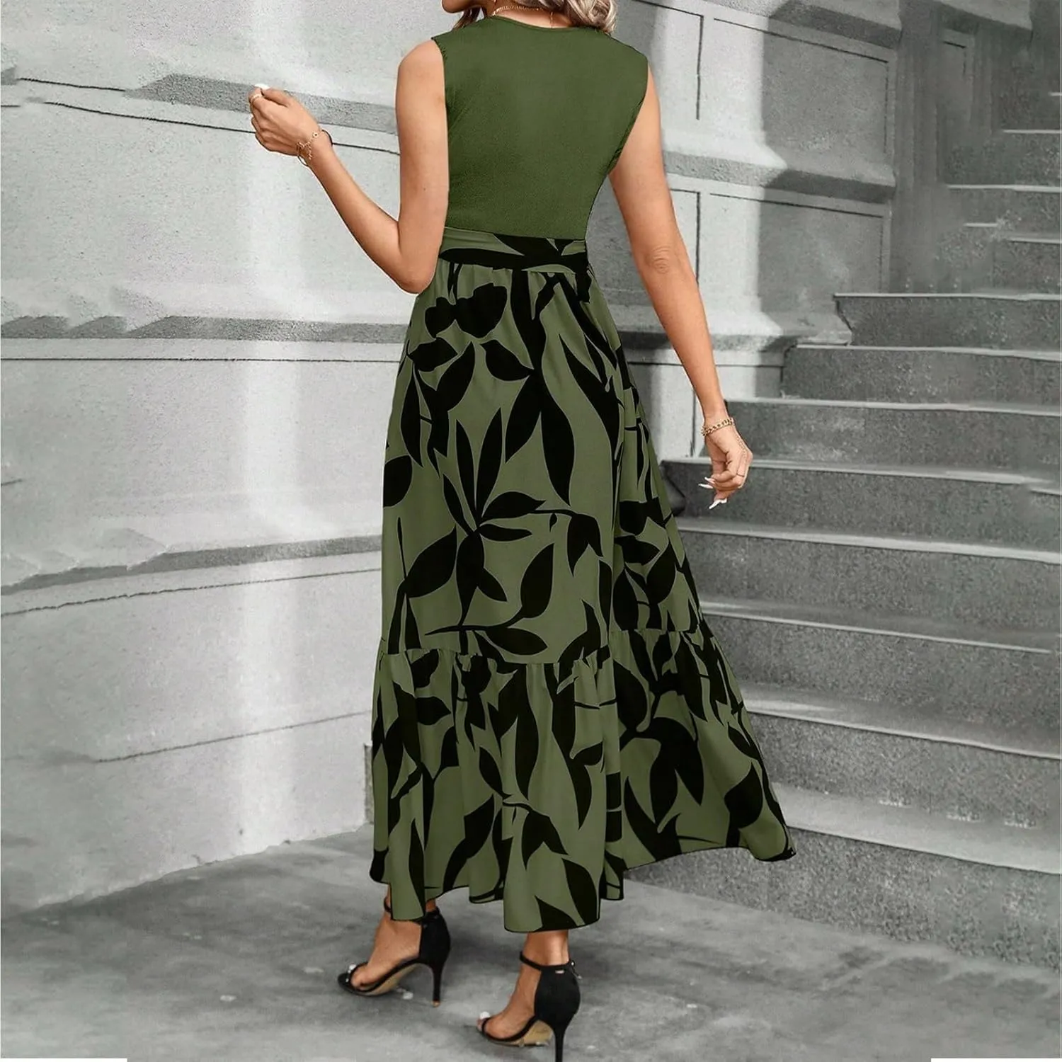 Summer Dresses for Women 2025 Elegant Classy Floral Boho Long Maxi Dress Empire Waist Flowy Swing Sundress with Belt