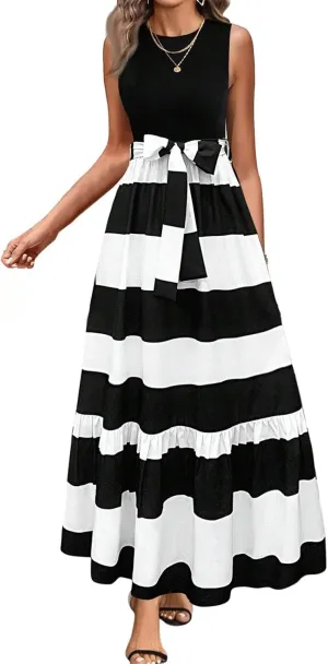 Summer Dresses for Women 2025 Elegant Classy Floral Boho Long Maxi Dress Empire Waist Flowy Swing Sundress with Belt