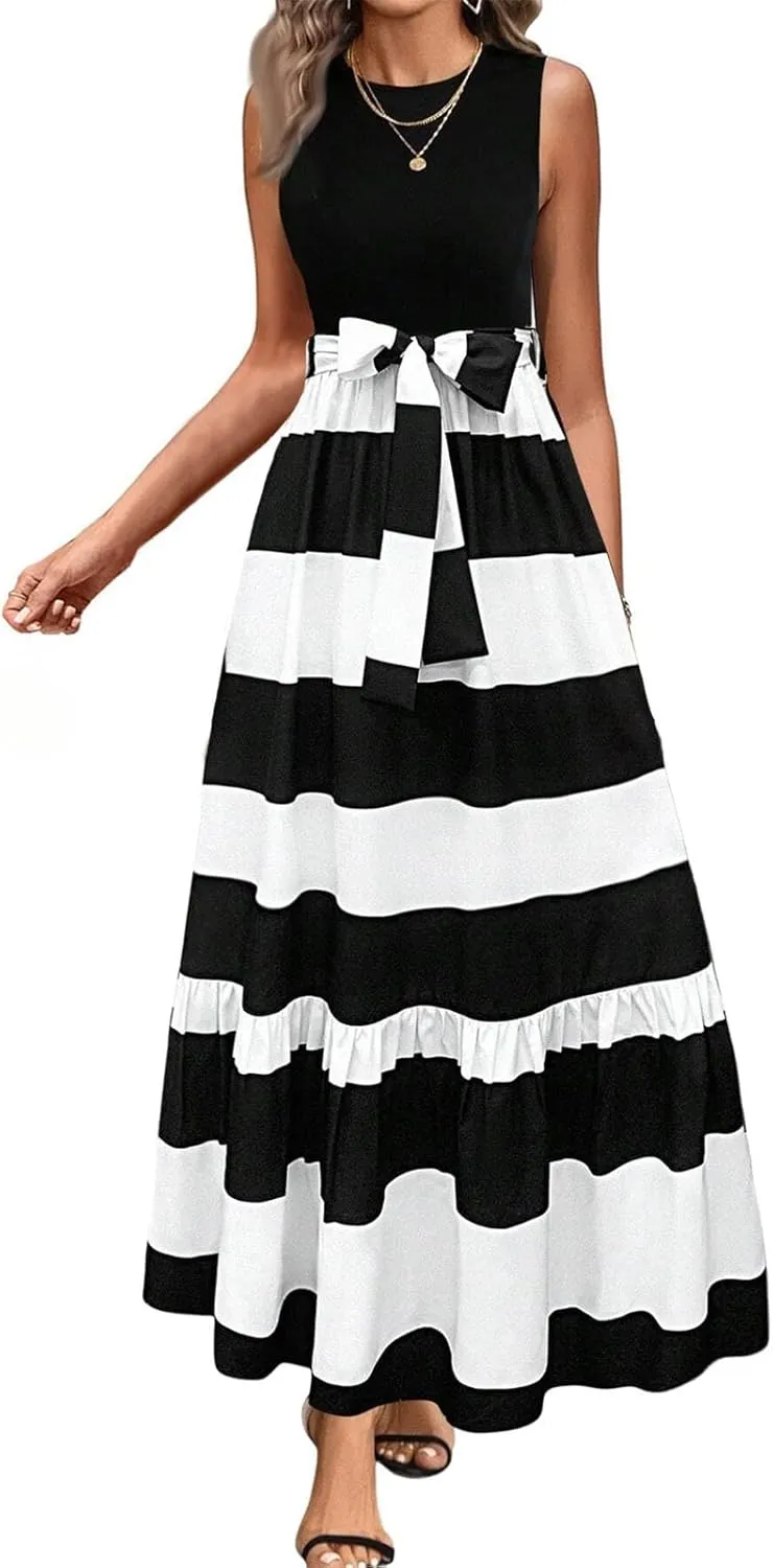 Summer Dresses for Women 2025 Elegant Classy Floral Boho Long Maxi Dress Empire Waist Flowy Swing Sundress with Belt