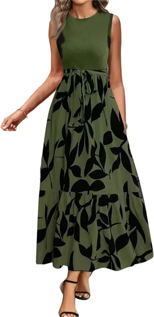 Summer Dresses for Women 2025 Elegant Classy Floral Boho Long Maxi Dress Empire Waist Flowy Swing Sundress with Belt