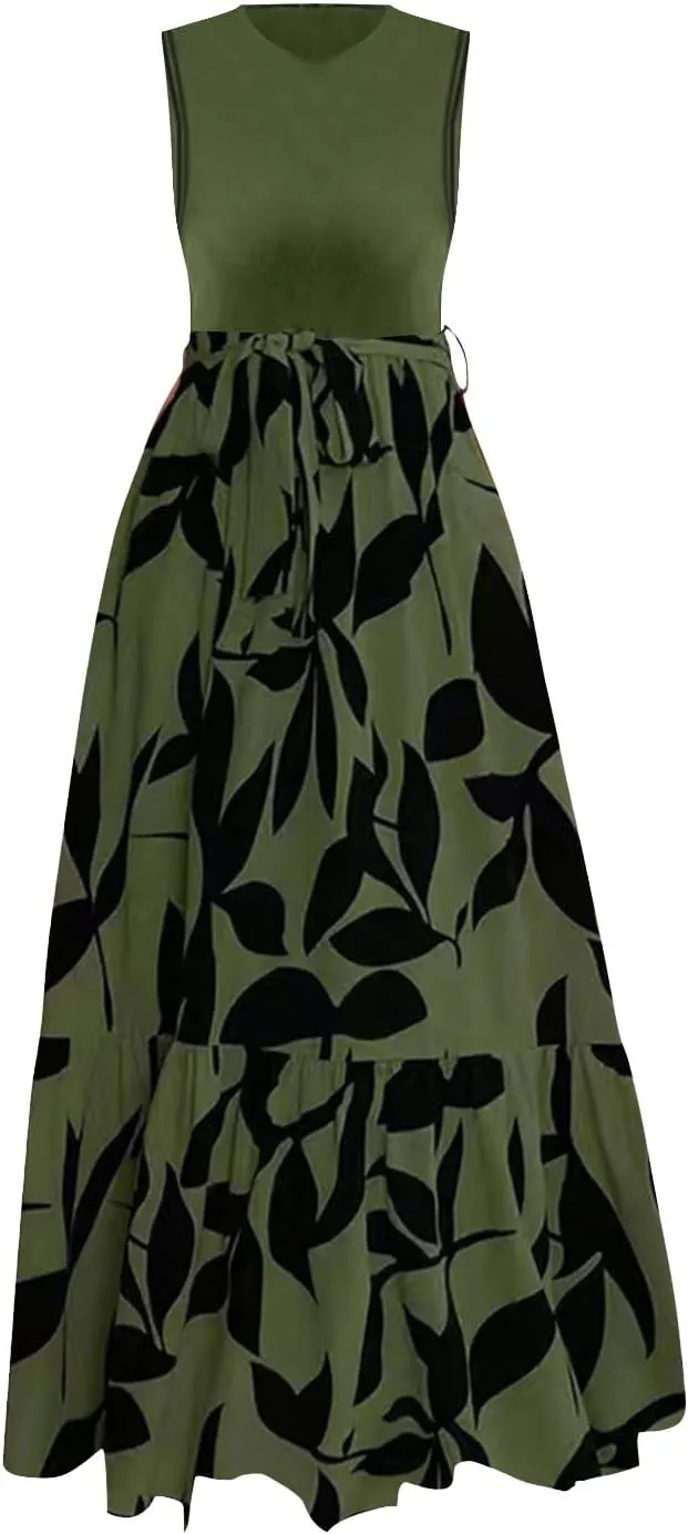 Summer Dresses for Women 2025 Elegant Classy Floral Boho Long Maxi Dress Empire Waist Flowy Swing Sundress with Belt