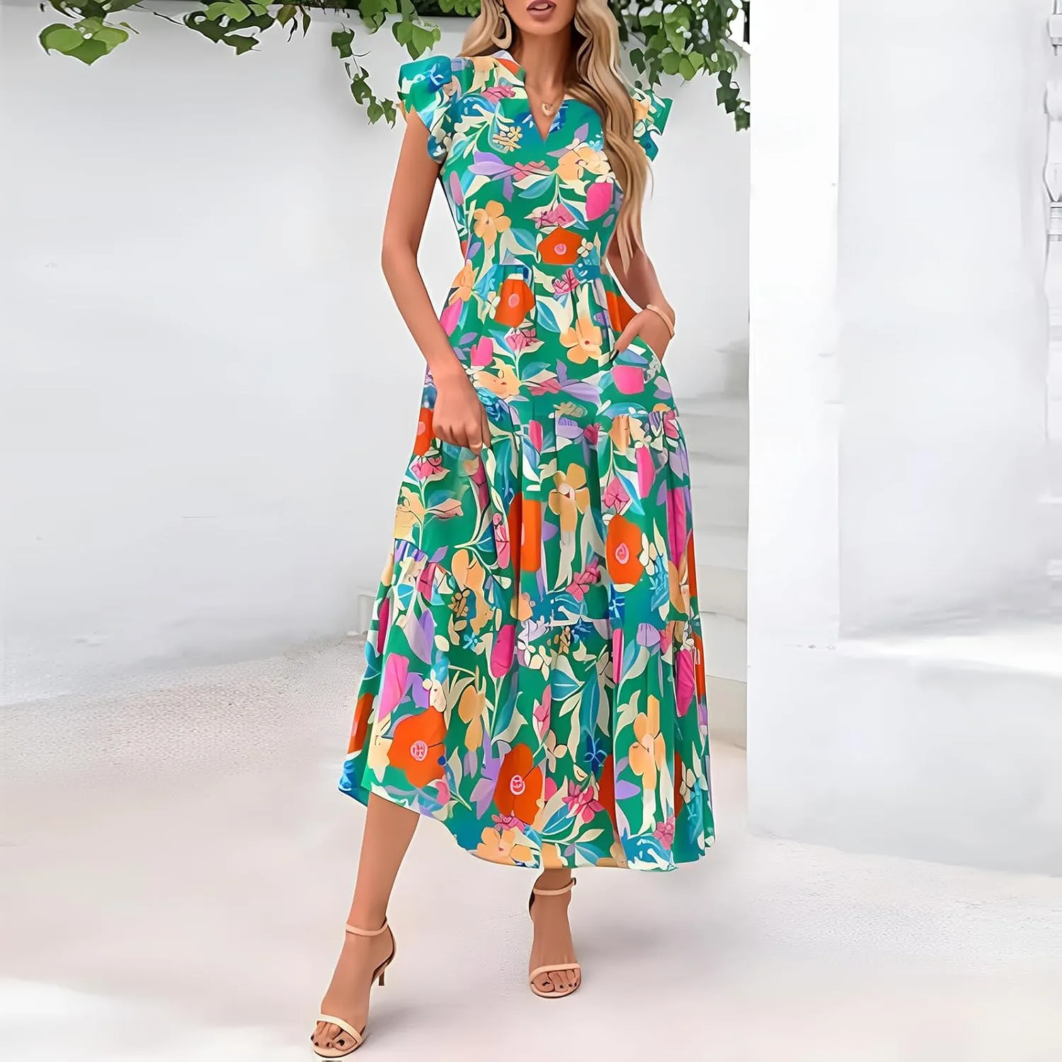 Summer Dresses for Women 2025 Floral Maxi Dress Cap Sleeve V Neck Ruffle Flowy Dresses Boho Beach Vacation Sundress