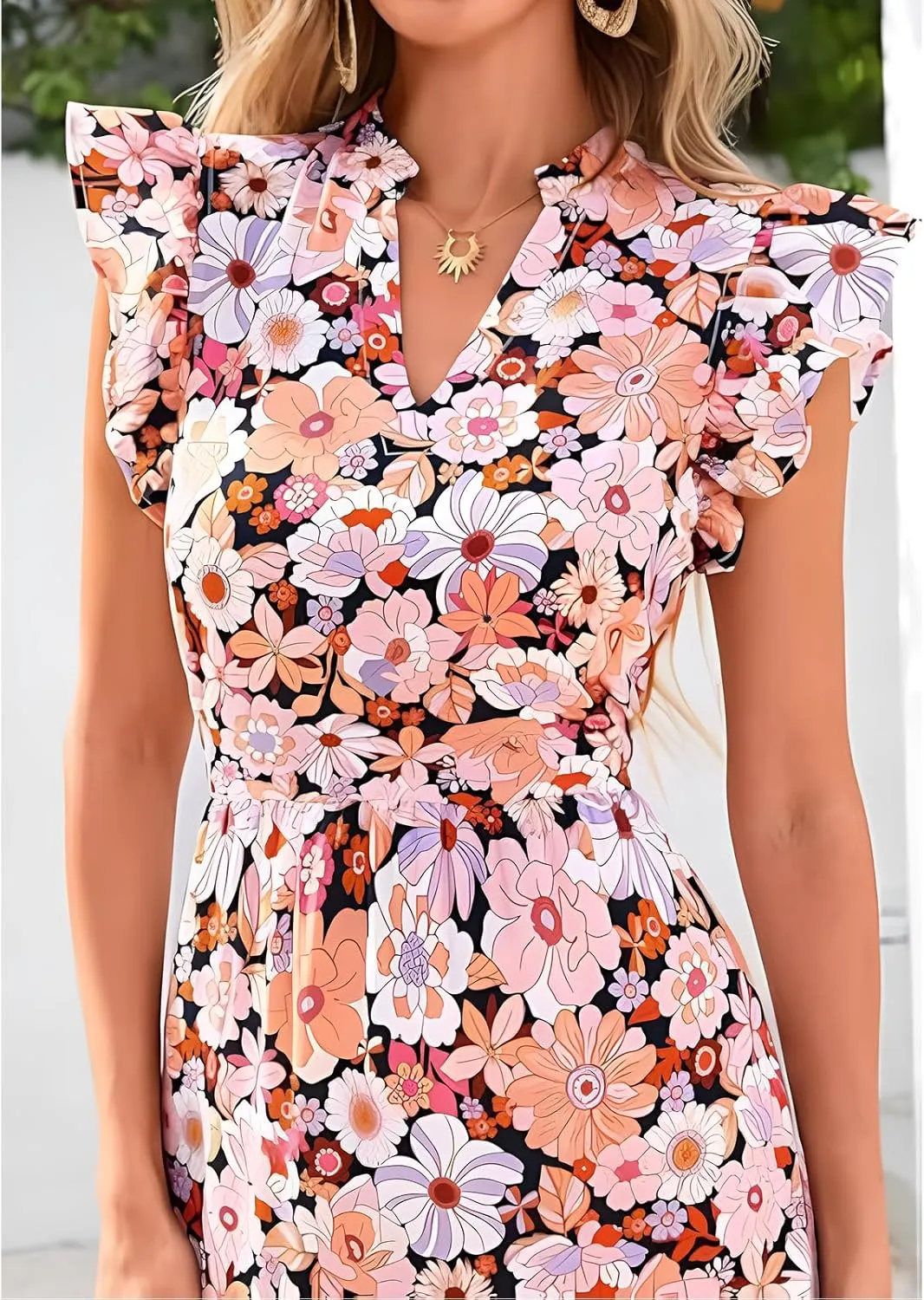Summer Dresses for Women 2025 Floral Maxi Dress Cap Sleeve V Neck Ruffle Flowy Dresses Boho Beach Vacation Sundress