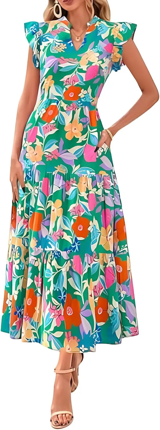 Summer Dresses for Women 2025 Floral Maxi Dress Cap Sleeve V Neck Ruffle Flowy Dresses Boho Beach Vacation Sundress