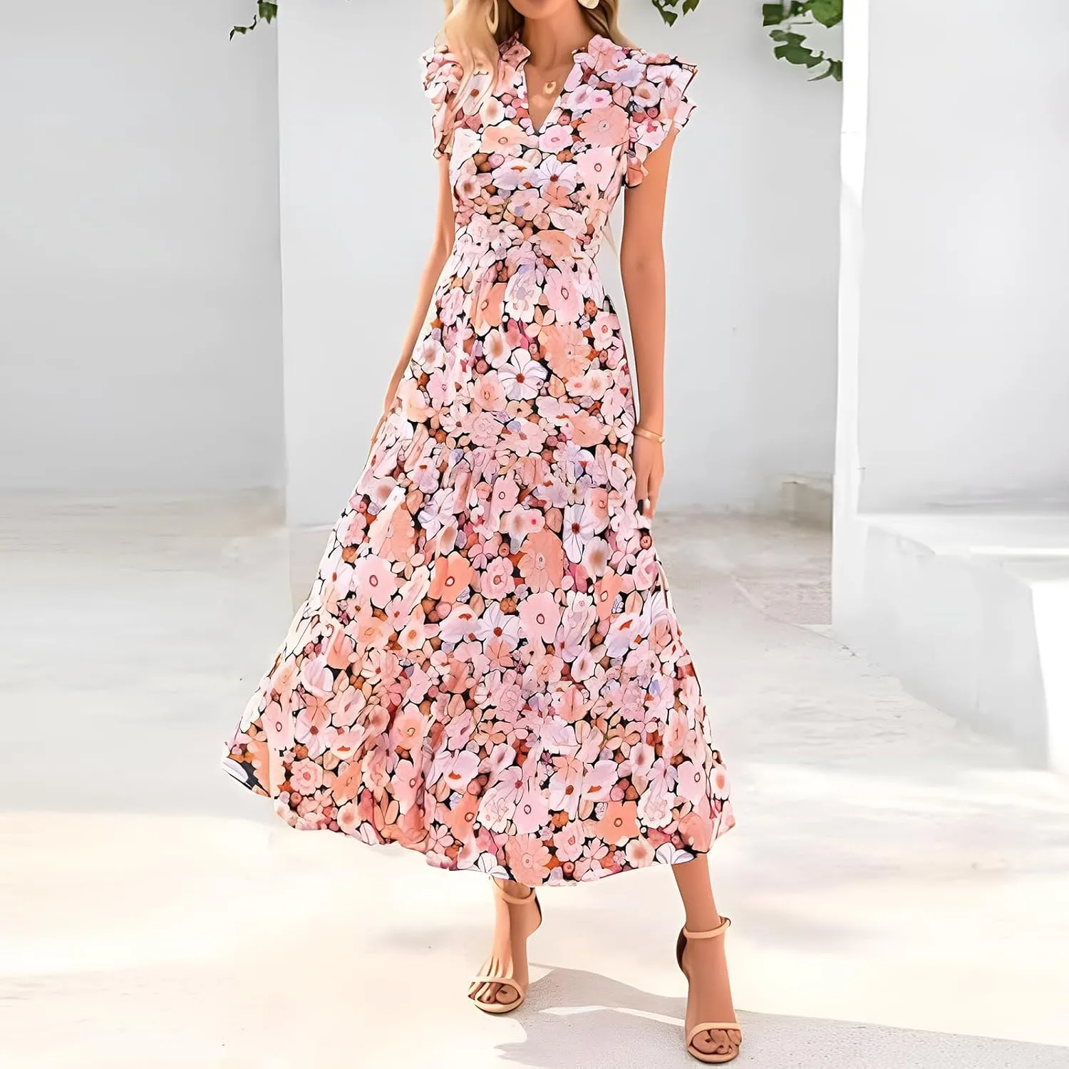 Summer Dresses for Women 2025 Floral Maxi Dress Cap Sleeve V Neck Ruffle Flowy Dresses Boho Beach Vacation Sundress