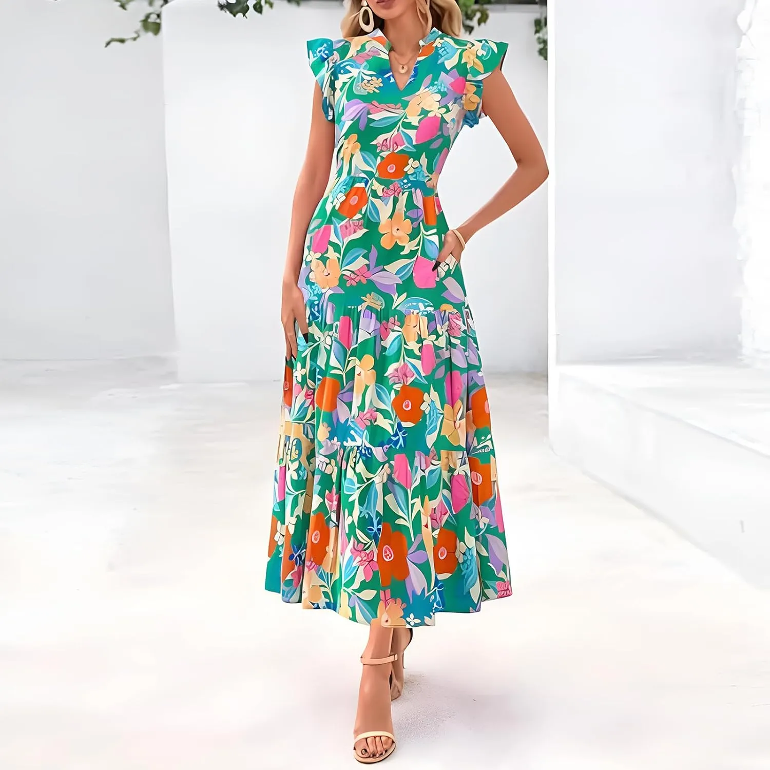 Summer Dresses for Women 2025 Floral Maxi Dress Cap Sleeve V Neck Ruffle Flowy Dresses Boho Beach Vacation Sundress