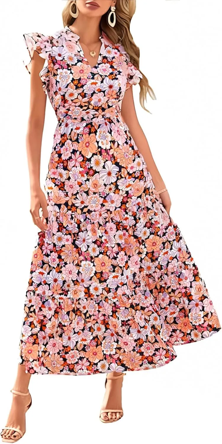 Summer Dresses for Women 2025 Floral Maxi Dress Cap Sleeve V Neck Ruffle Flowy Dresses Boho Beach Vacation Sundress
