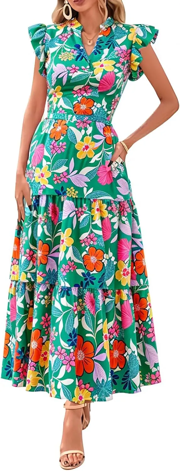 Summer Dresses for Women 2025 Floral Maxi Dress Cap Sleeve V Neck Ruffle Flowy Dresses Boho Beach Vacation Sundress