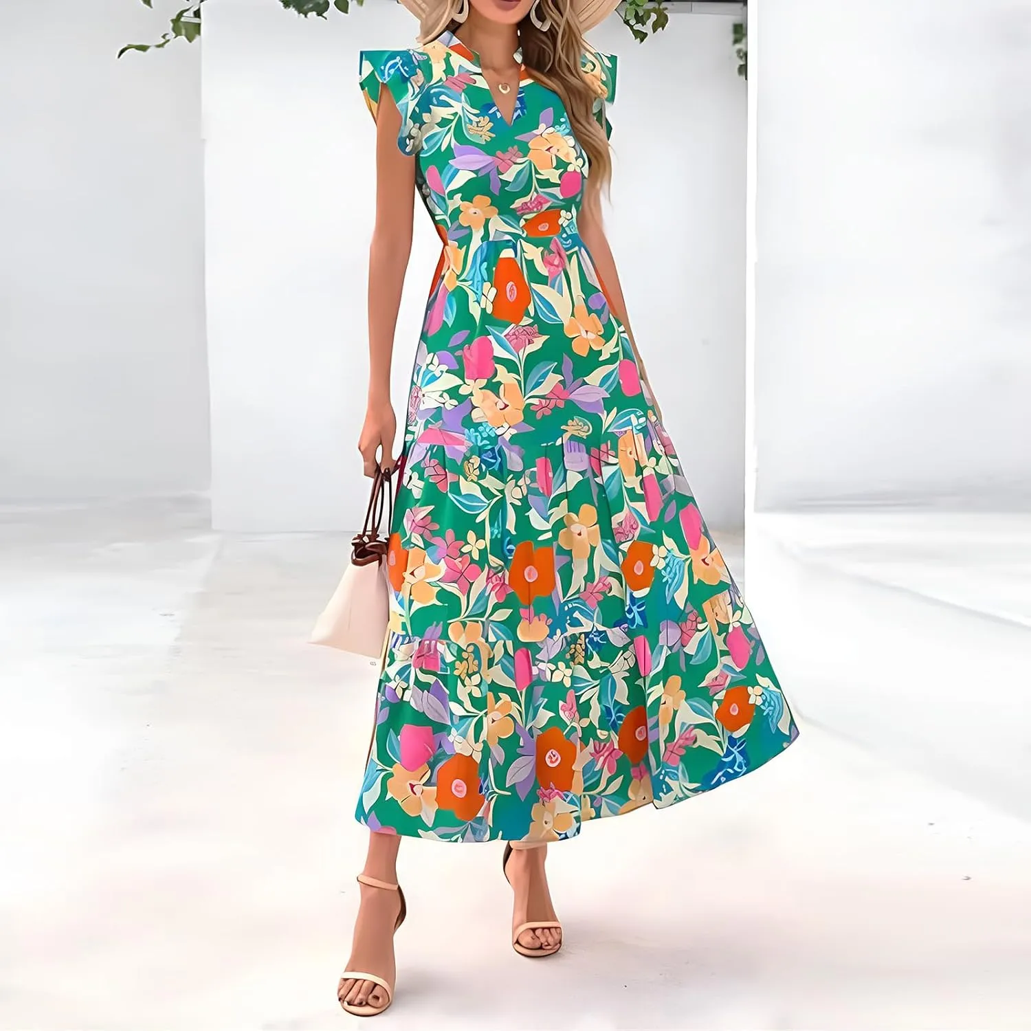 Summer Dresses for Women 2025 Floral Maxi Dress Cap Sleeve V Neck Ruffle Flowy Dresses Boho Beach Vacation Sundress