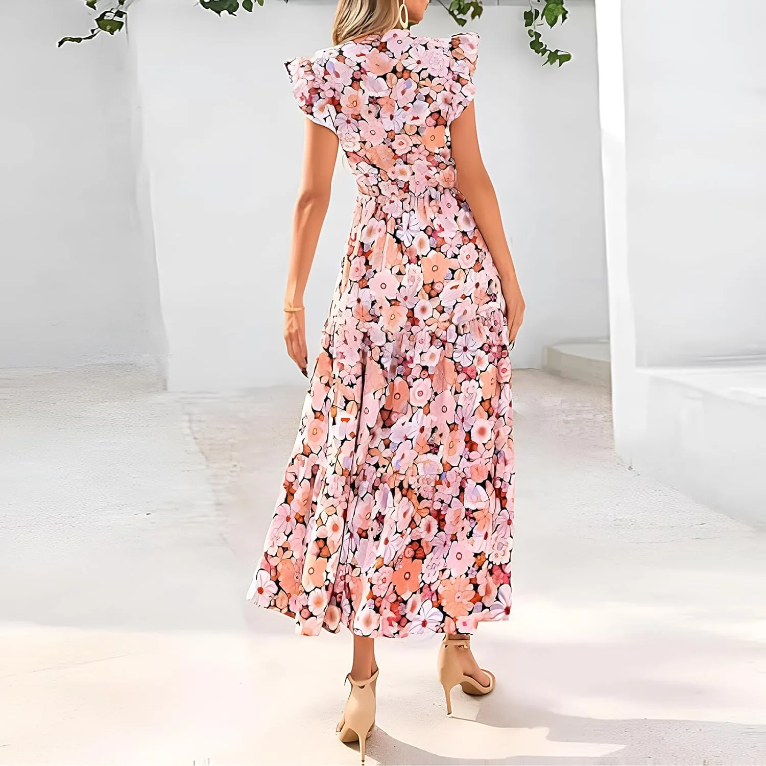 Summer Dresses for Women 2025 Floral Maxi Dress Cap Sleeve V Neck Ruffle Flowy Dresses Boho Beach Vacation Sundress