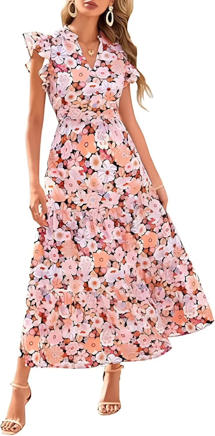 Summer Dresses for Women 2025 Floral Maxi Dress Cap Sleeve V Neck Ruffle Flowy Dresses Boho Beach Vacation Sundress