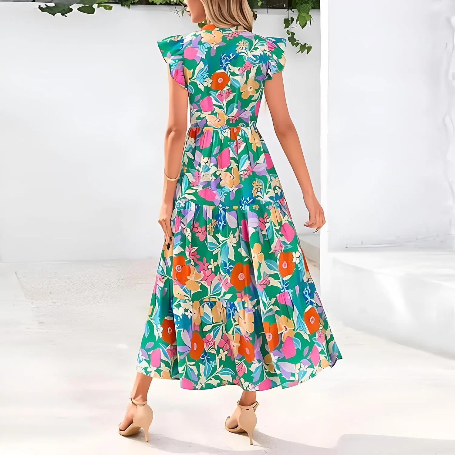 Summer Dresses for Women 2025 Floral Maxi Dress Cap Sleeve V Neck Ruffle Flowy Dresses Boho Beach Vacation Sundress