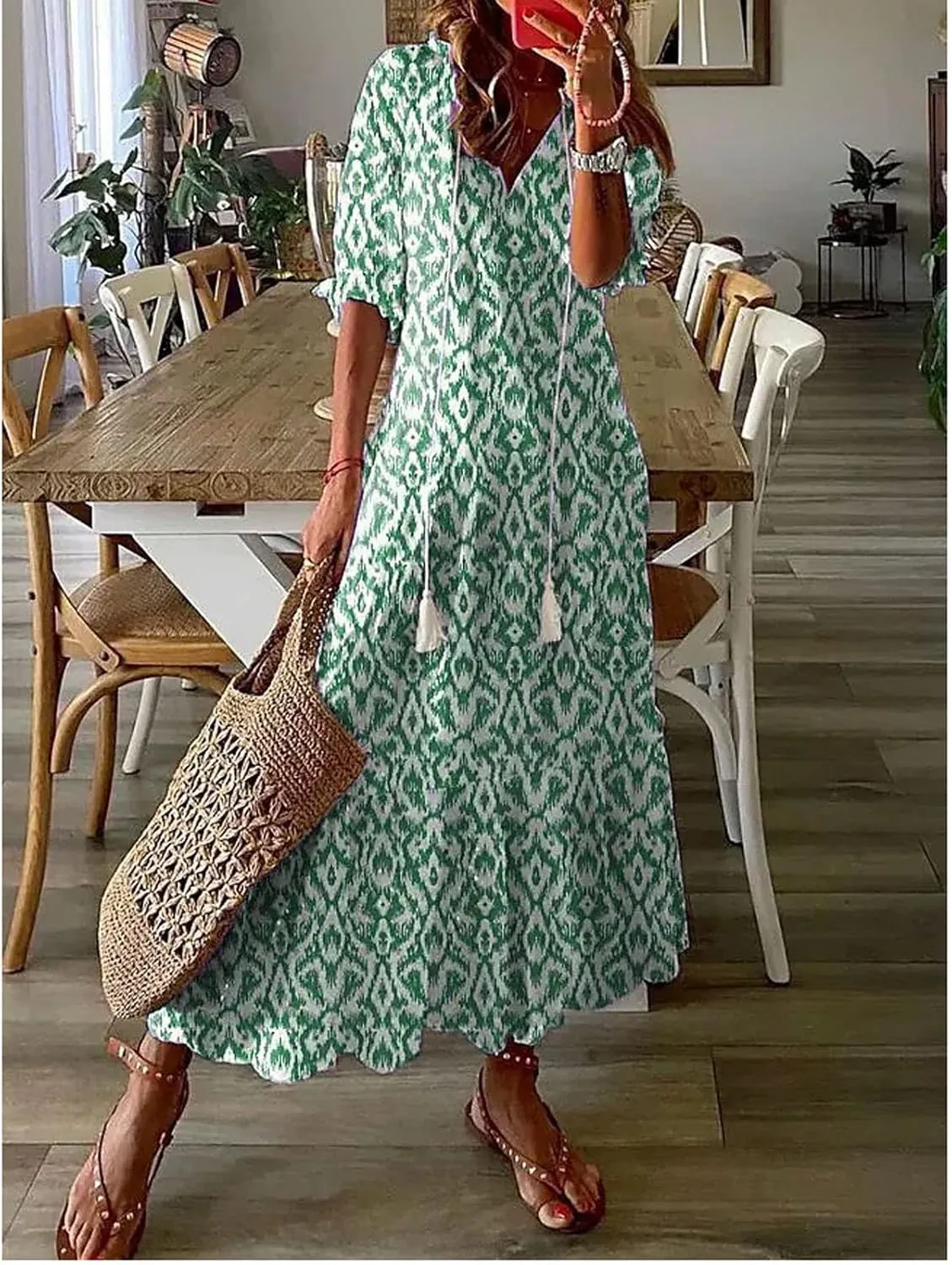 Summer Dresses for Women 2025 Half Sleeve V Neck Boho Floral Maxi Dresses Flowy Casual Ruffle Tiered Beach Sundress