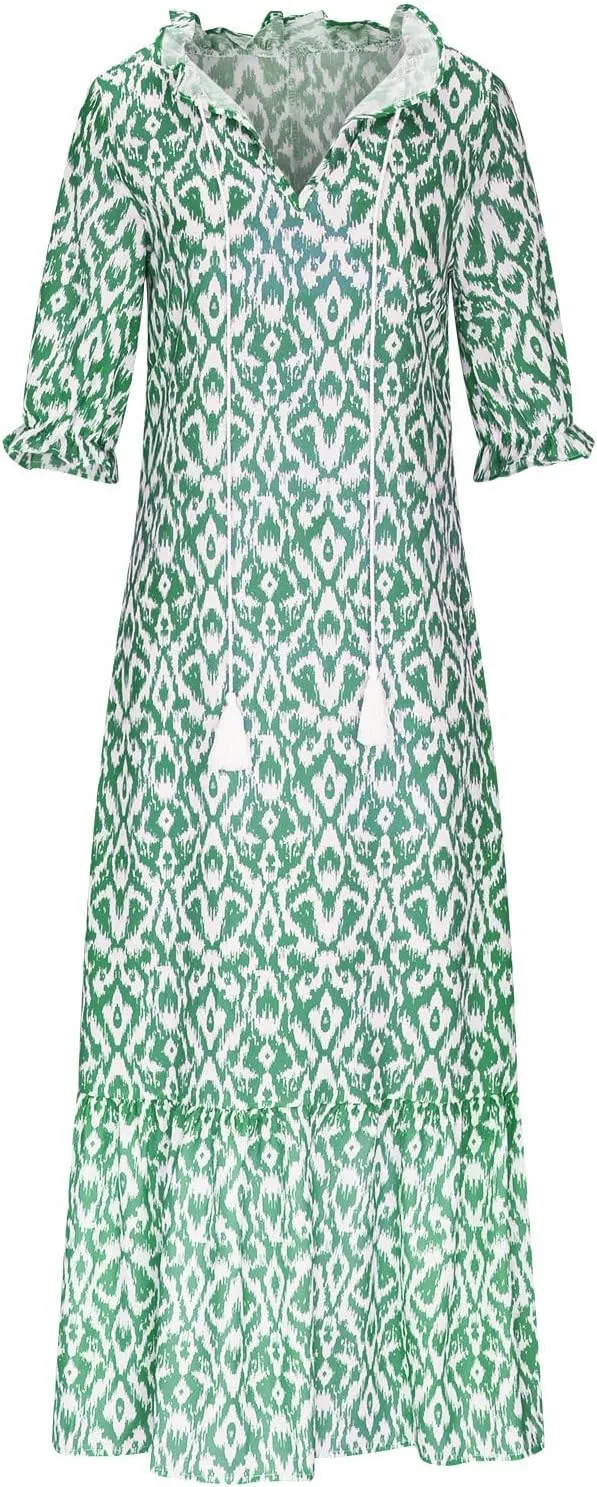 Summer Dresses for Women 2025 Half Sleeve V Neck Boho Floral Maxi Dresses Flowy Casual Ruffle Tiered Beach Sundress