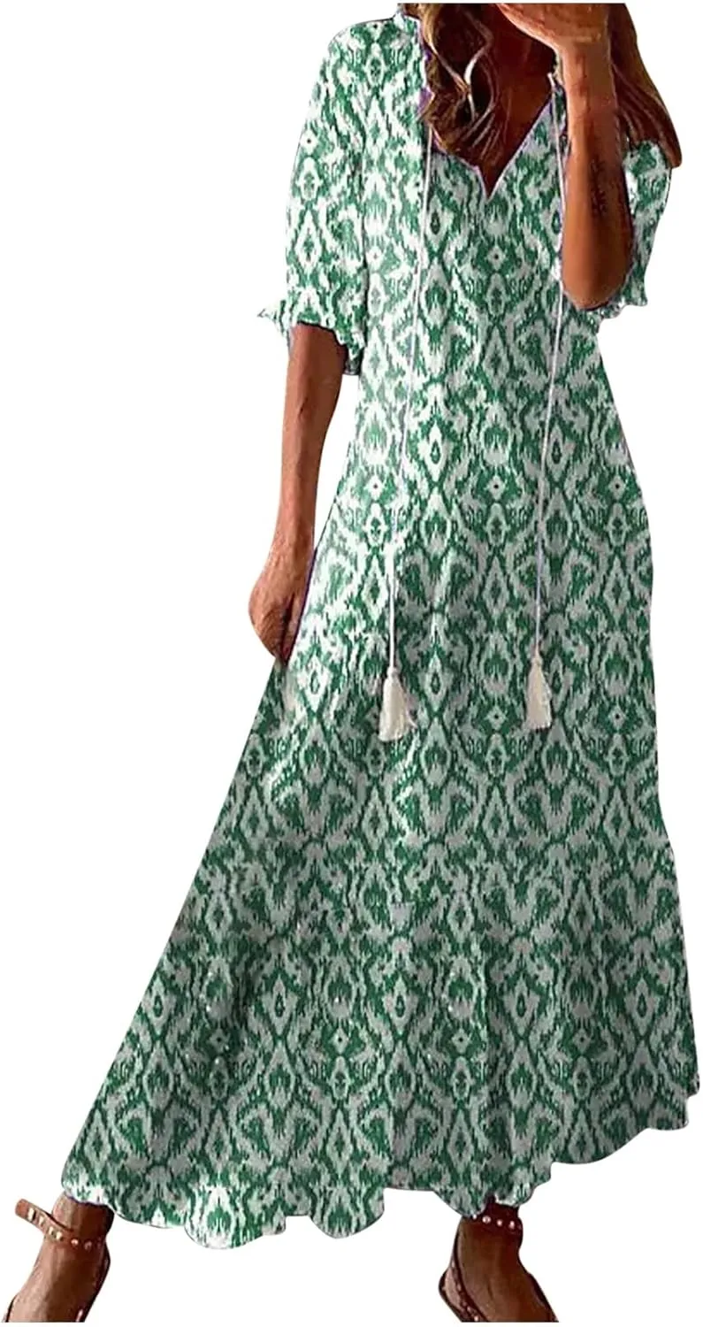 Summer Dresses for Women 2025 Half Sleeve V Neck Boho Floral Maxi Dresses Flowy Casual Ruffle Tiered Beach Sundress