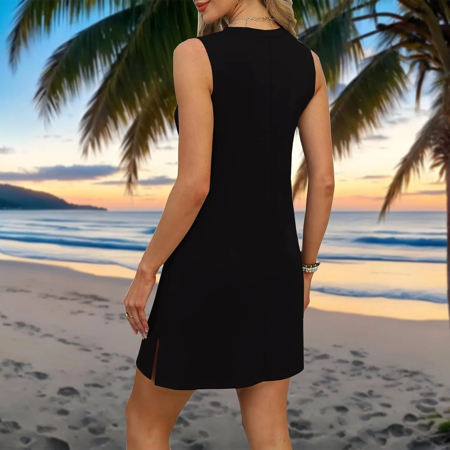 Summer Dresses for Women 2025 Loose Casual Sundresses Striped V Neck T Shirt Dress Beach Sleeveless Tank Dress with Split