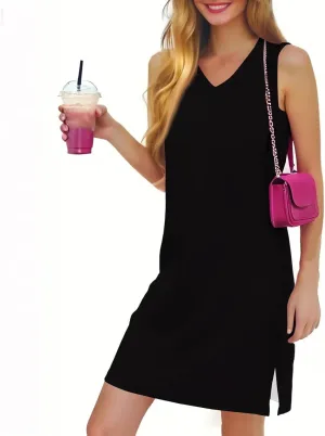 Summer Dresses for Women 2025 Loose Casual Sundresses Striped V Neck T Shirt Dress Beach Sleeveless Tank Dress with Split