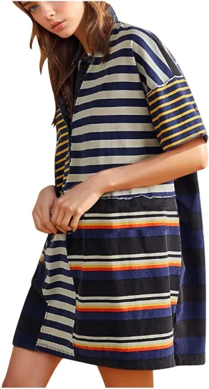 Summer Dresses for Women 2025 Mid Sleeve Lapel Clashing Stripe Casual Dresses Button Down Loose Spring Dress