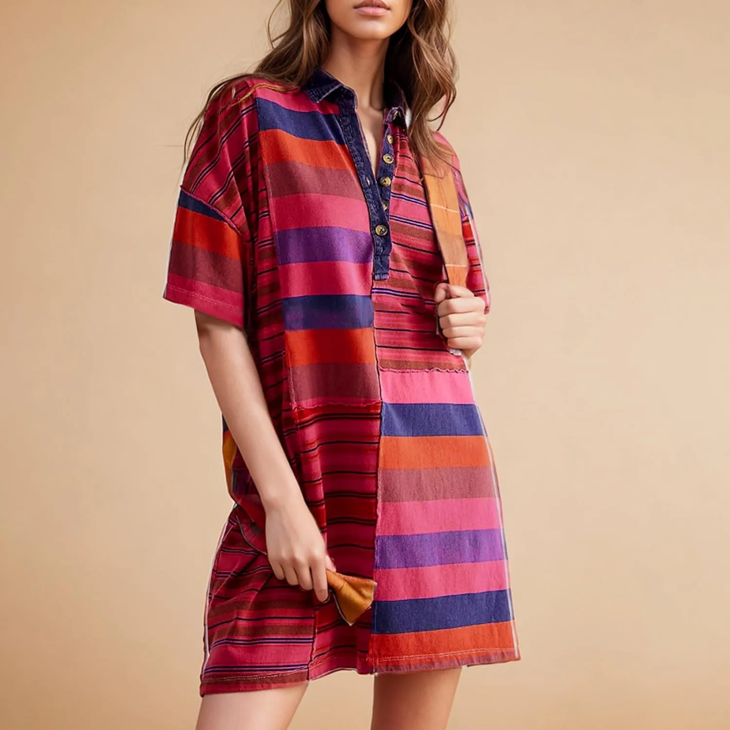 Summer Dresses for Women 2025 Mid Sleeve Lapel Clashing Stripe Casual Dresses Button Down Loose Spring Dress
