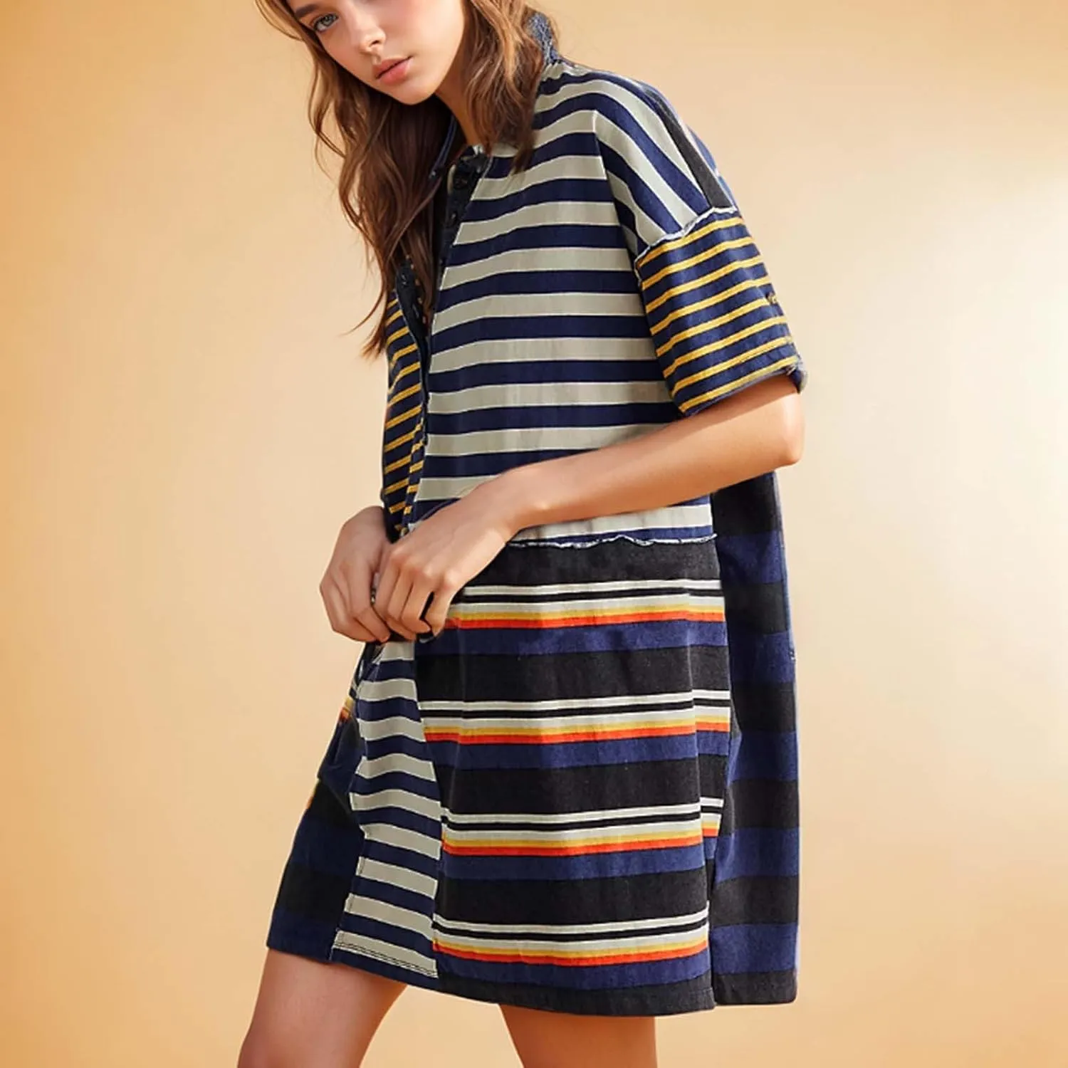 Summer Dresses for Women 2025 Mid Sleeve Lapel Clashing Stripe Casual Dresses Button Down Loose Spring Dress