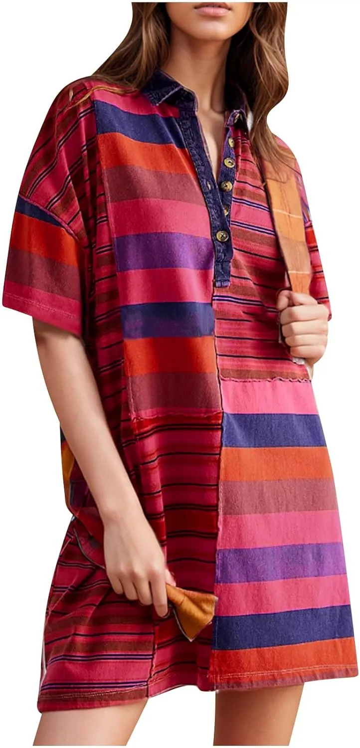 Summer Dresses for Women 2025 Mid Sleeve Lapel Clashing Stripe Casual Dresses Button Down Loose Spring Dress