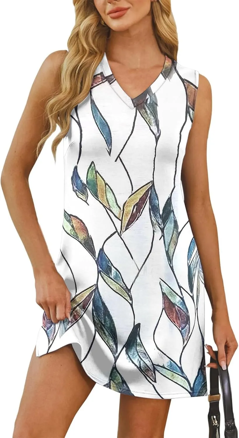 Summer Dresses for Women 2025 Sleeveless Floral Tank Dress Casual Sundresses Loose Beach T Shirt Dresses with Split