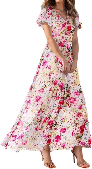 Summer Dresses for Women 2025 Swing Flowy Ruffle Hem Swing Maxi Dress Ruffle Short Sleeve