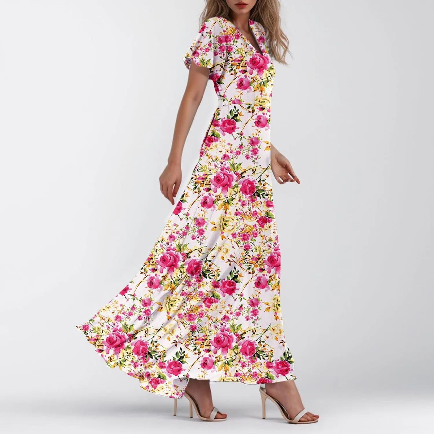 Summer Dresses for Women 2025 Swing Flowy Ruffle Hem Swing Maxi Dress Ruffle Short Sleeve