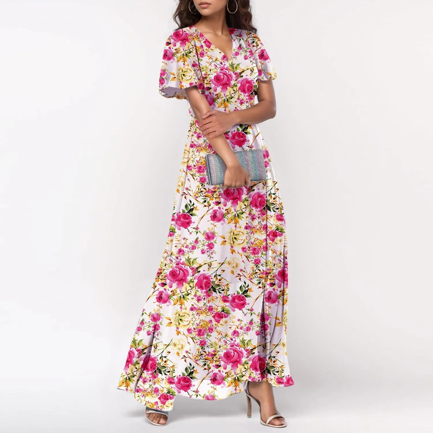 Summer Dresses for Women 2025 Swing Flowy Ruffle Hem Swing Maxi Dress Ruffle Short Sleeve