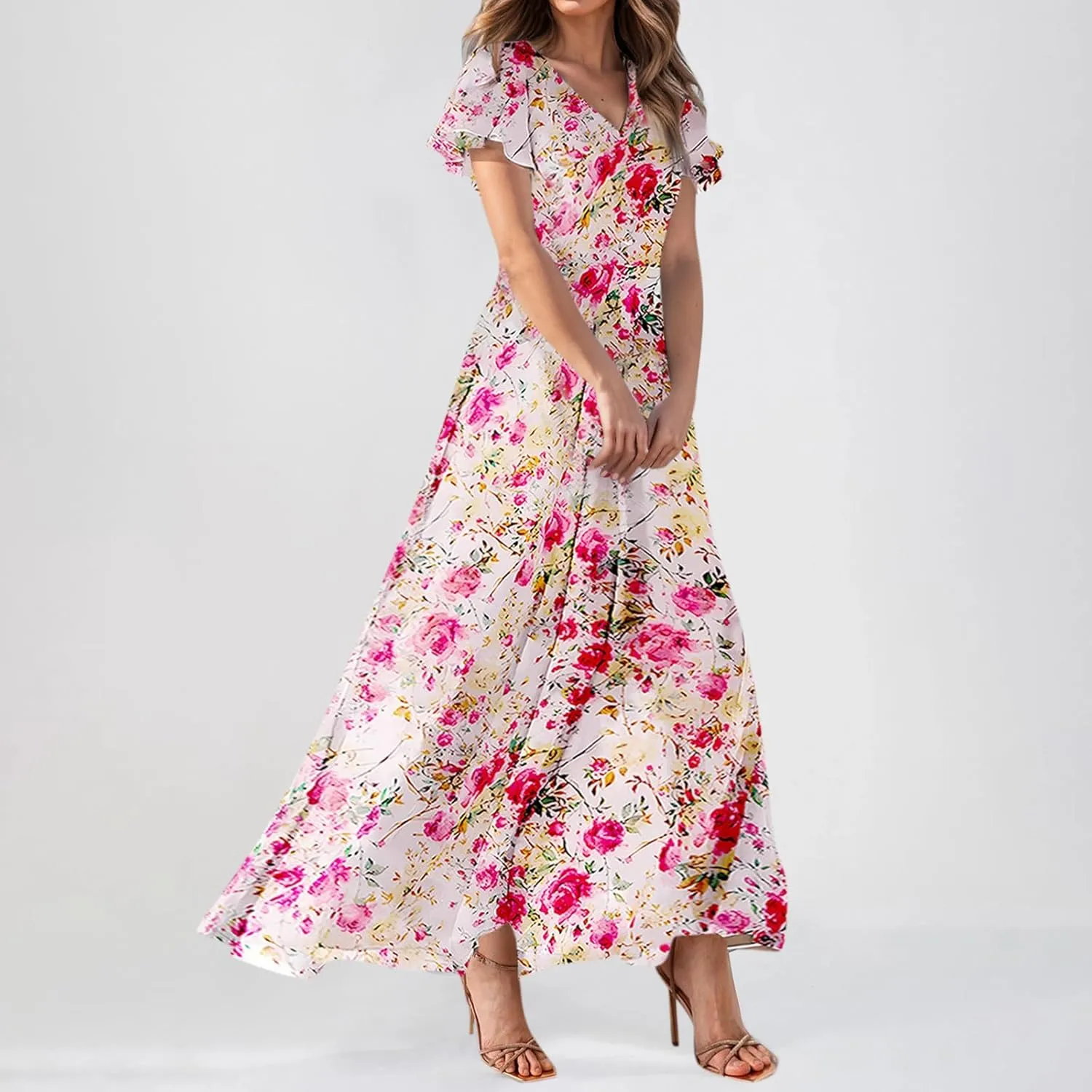 Summer Dresses for Women 2025 Swing Flowy Ruffle Hem Swing Maxi Dress Ruffle Short Sleeve