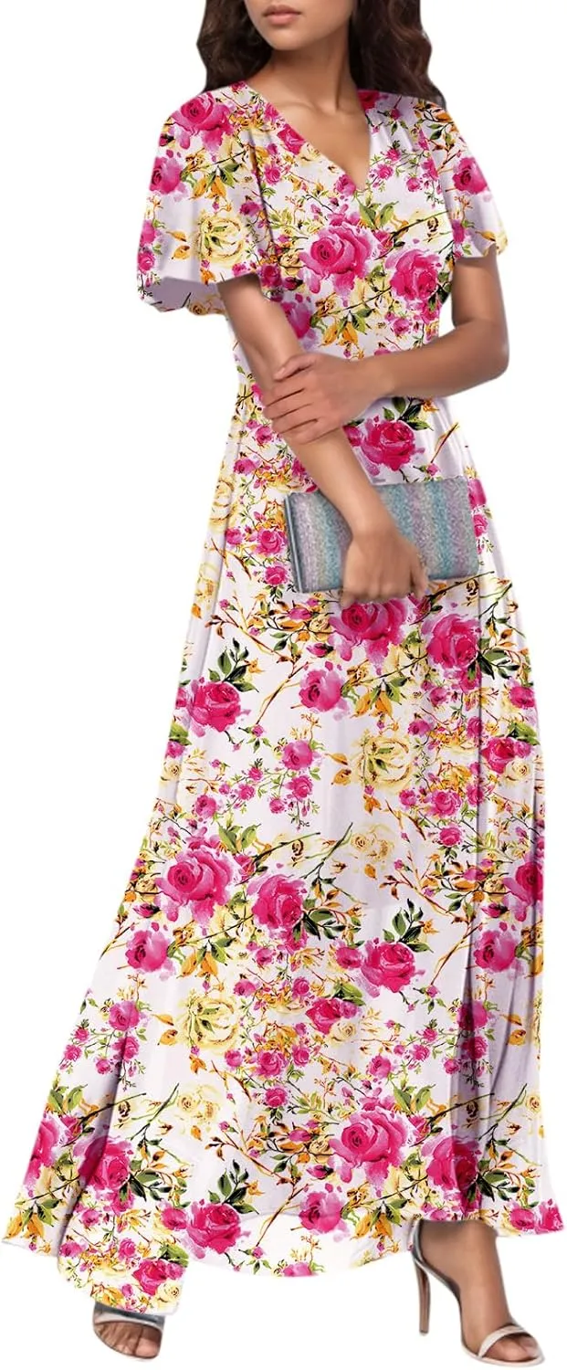Summer Dresses for Women 2025 Swing Flowy Ruffle Hem Swing Maxi Dress Ruffle Short Sleeve