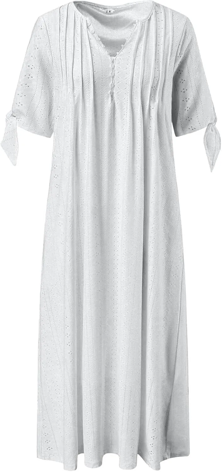 Summer Dresses for Women 2025 Trendy Eyelet Short Sleeve V Neck Maxi Long Dresses Casual Summer Beach Vacation Sundress