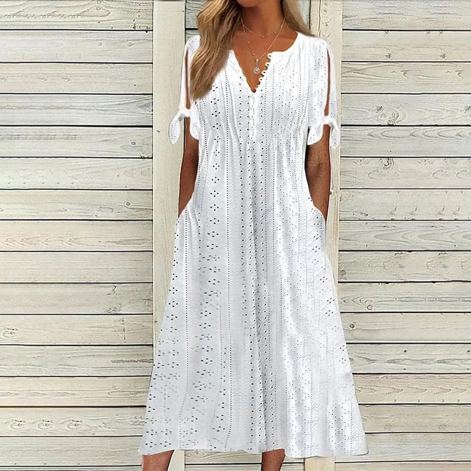 Summer Dresses for Women 2025 Trendy Eyelet Short Sleeve V Neck Maxi Long Dresses Casual Summer Beach Vacation Sundress