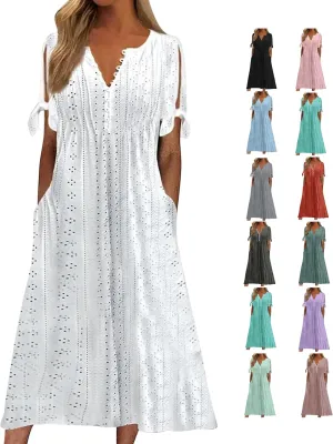 Summer Dresses for Women 2025 Trendy Eyelet Short Sleeve V Neck Maxi Long Dresses Casual Summer Beach Vacation Sundress