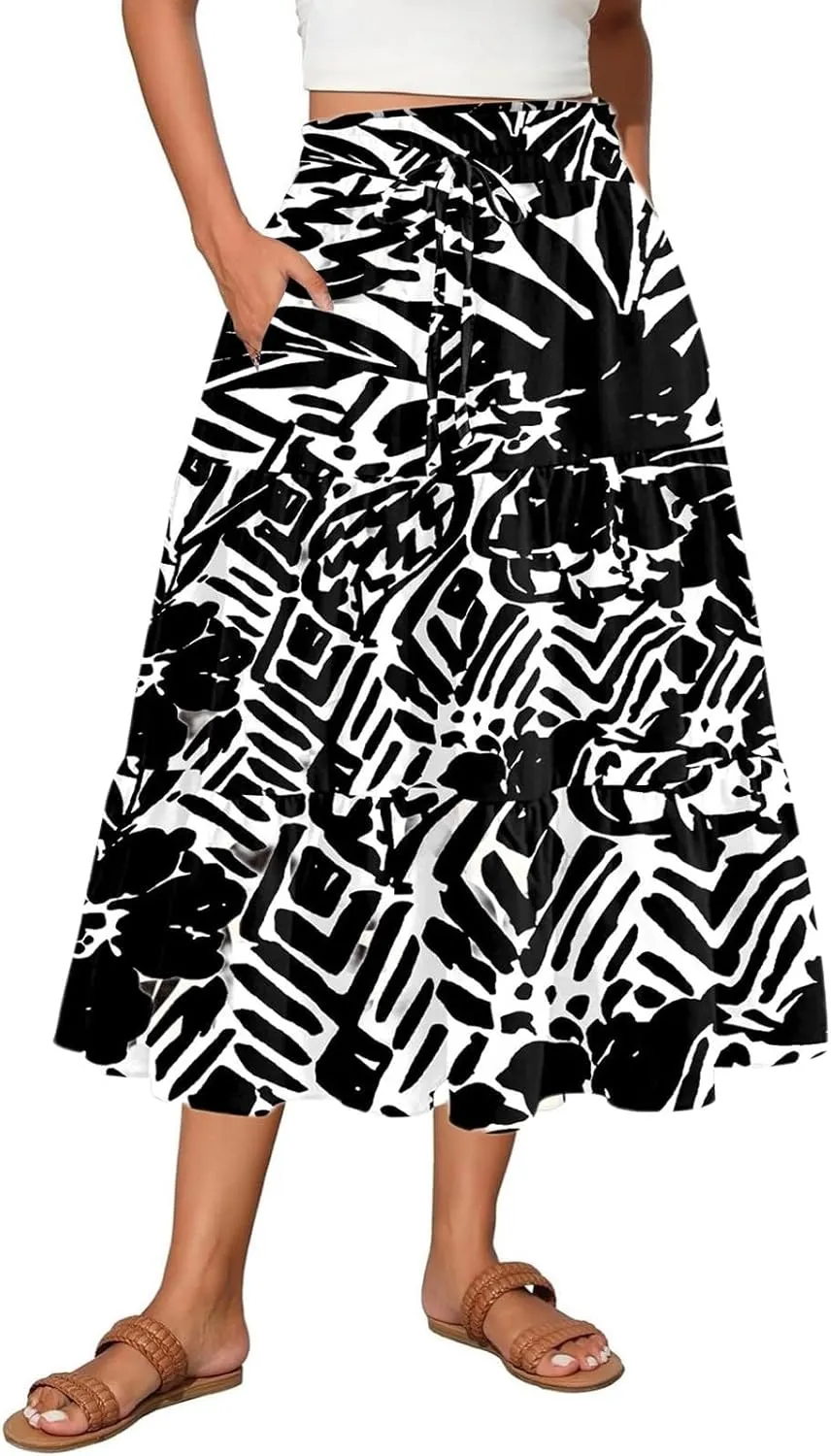 Summer Dresses for Women 2025 Vacation Boho Floral Tiered Maxi Skirt Dressy A Line Drawstring Flowy Ruffle Dresses