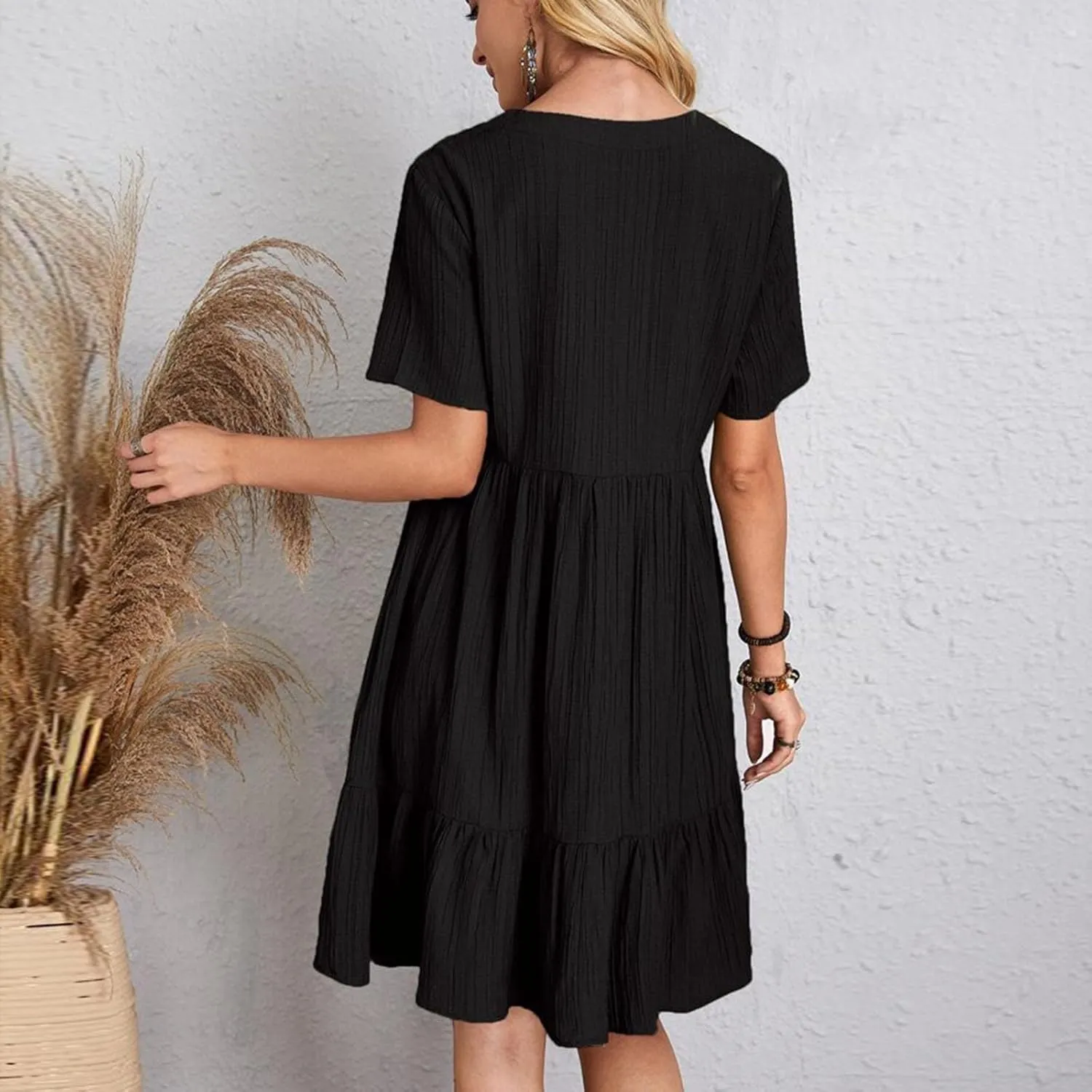 Summer Dresses for Women 2025 Vacation Short Sleeve V Neck Mini T Shirt Dress Pleated Flowy Ruffle Beach Sundress