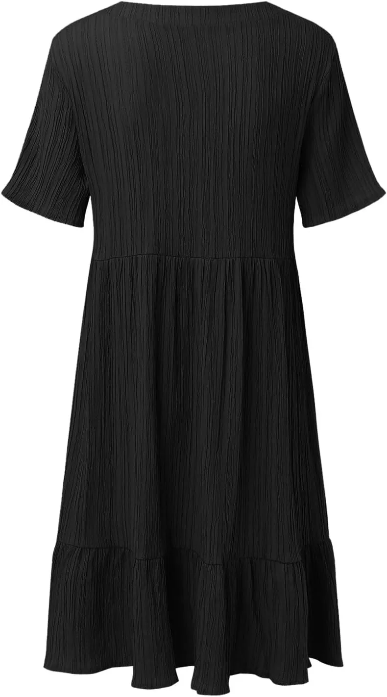 Summer Dresses for Women 2025 Vacation Short Sleeve V Neck Mini T Shirt Dress Pleated Flowy Ruffle Beach Sundress