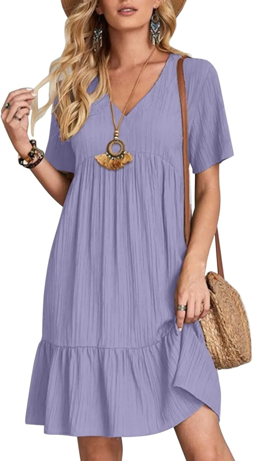 Summer Dresses for Women 2025 Vacation Short Sleeve V Neck Mini T Shirt Dress Pleated Flowy Ruffle Beach Sundress