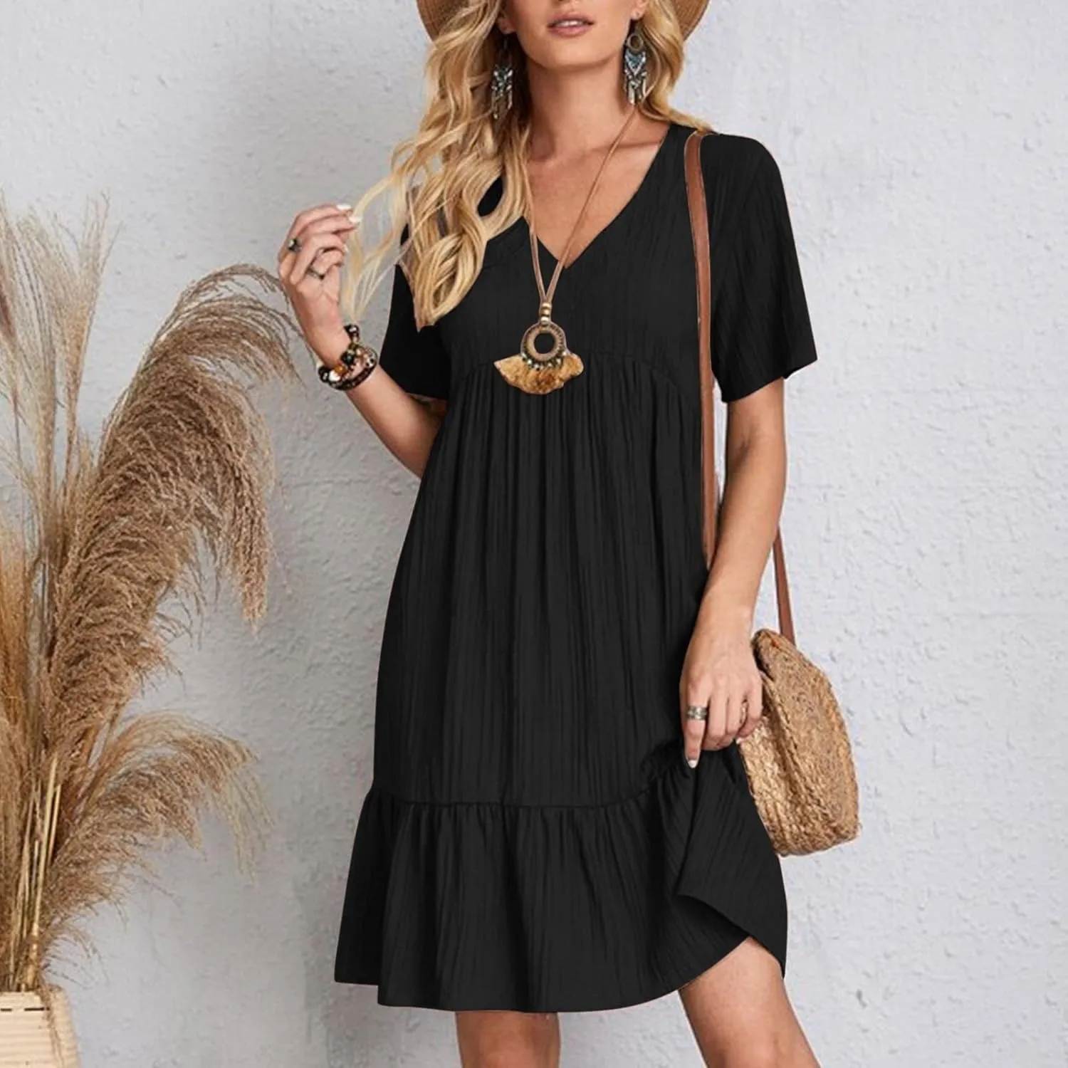Summer Dresses for Women 2025 Vacation Short Sleeve V Neck Mini T Shirt Dress Pleated Flowy Ruffle Beach Sundress