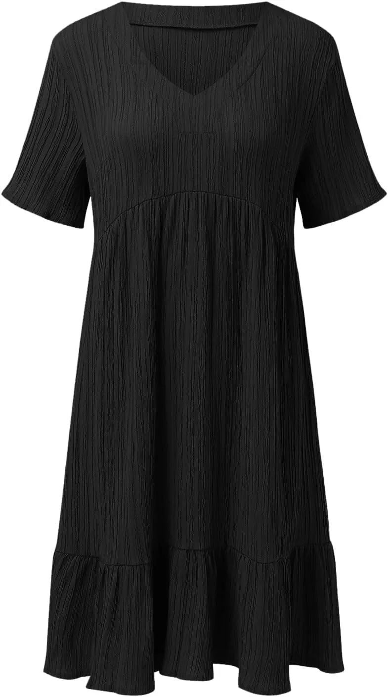 Summer Dresses for Women 2025 Vacation Short Sleeve V Neck Mini T Shirt Dress Pleated Flowy Ruffle Beach Sundress