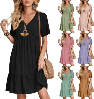 Summer Dresses for Women 2025 Vacation Short Sleeve V Neck Mini T Shirt Dress Pleated Flowy Ruffle Beach Sundress