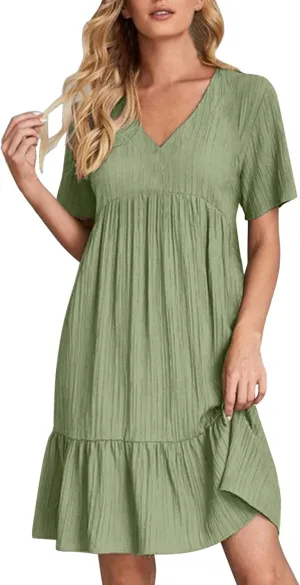 Summer Dresses for Women 2025 Vacation Short Sleeve V Neck Mini T Shirt Dress Pleated Flowy Ruffle Beach Sundress