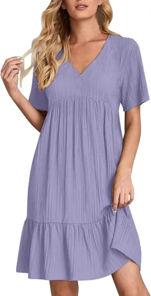 Summer Dresses for Women 2025 Vacation Short Sleeve V Neck Mini T Shirt Dress Pleated Flowy Ruffle Beach Sundress