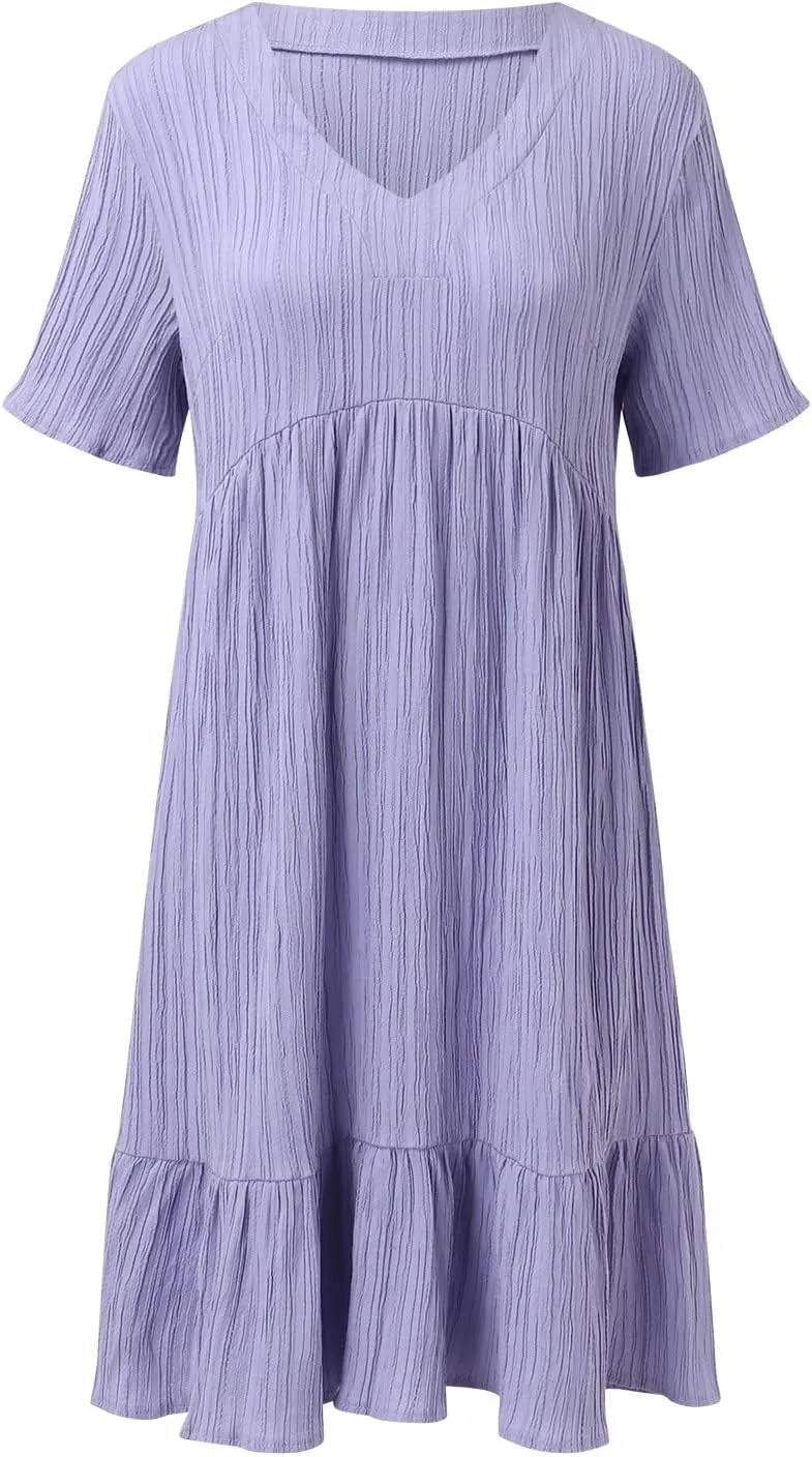 Summer Dresses for Women 2025 Vacation Short Sleeve V Neck Mini T Shirt Dress Pleated Flowy Ruffle Beach Sundress