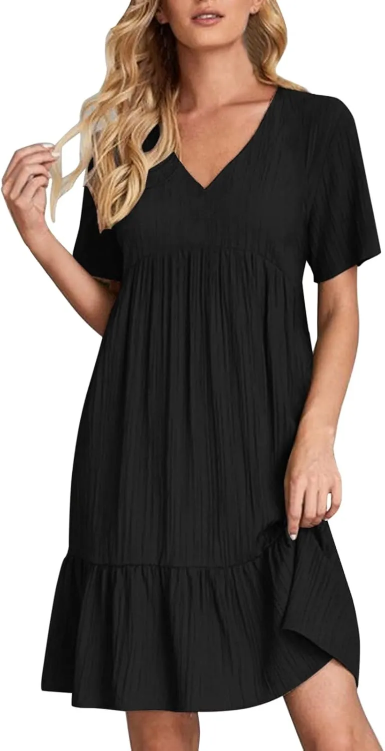 Summer Dresses for Women 2025 Vacation Short Sleeve V Neck Mini T Shirt Dress Pleated Flowy Ruffle Beach Sundress