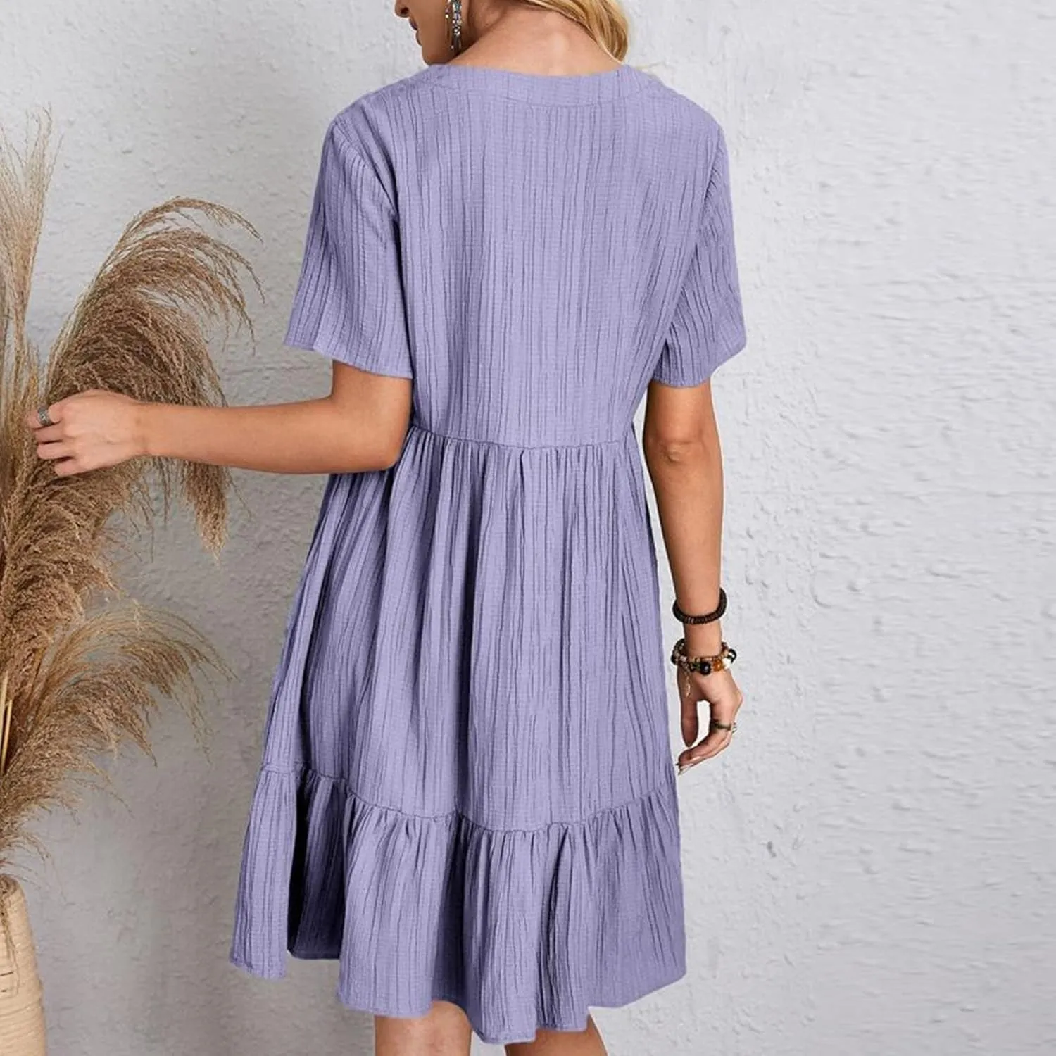 Summer Dresses for Women 2025 Vacation Short Sleeve V Neck Mini T Shirt Dress Pleated Flowy Ruffle Beach Sundress