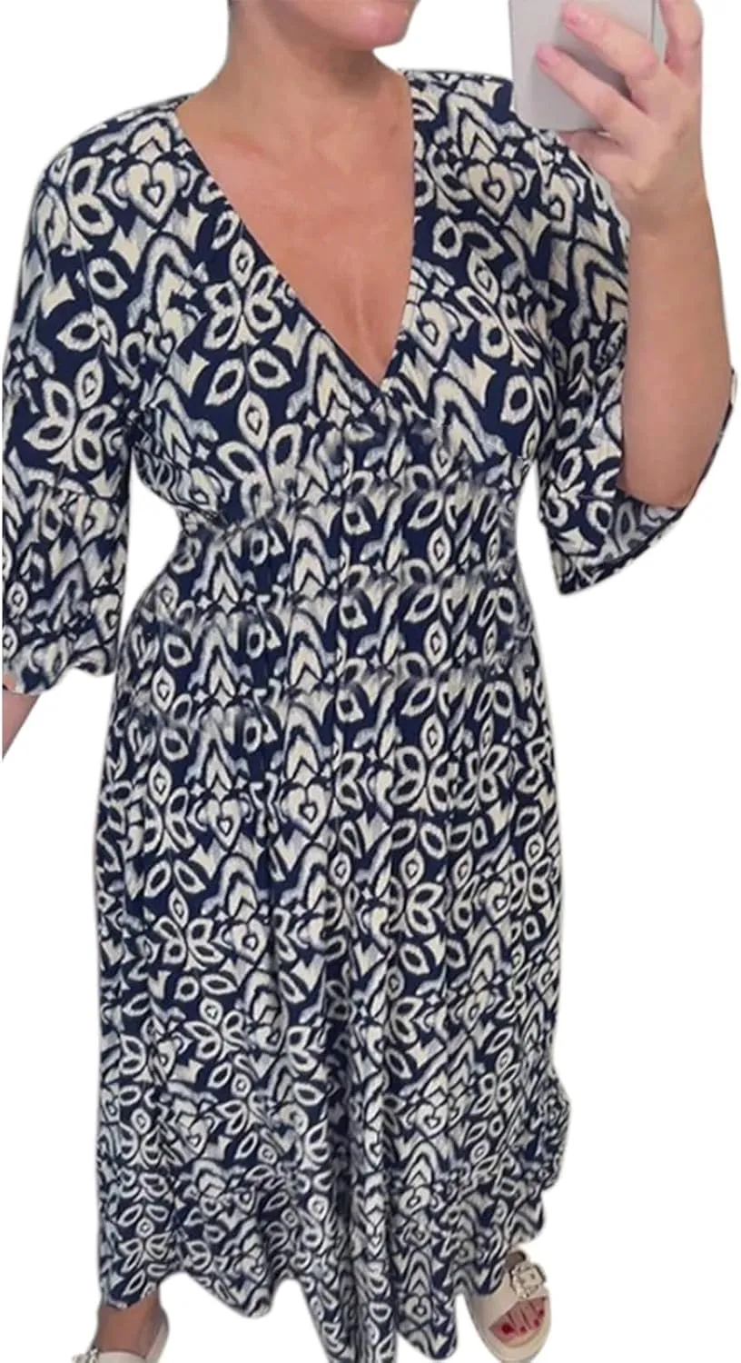 Summer Dresses for Women Boho Floral Print Dress 2025 Casual V Neck Bohemian Wrap 3/4 Sleeve High Waist Midi Dress