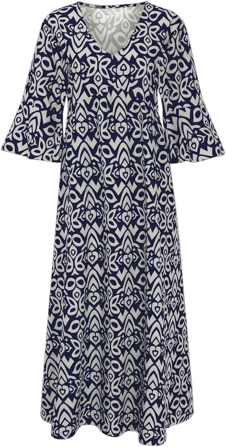 Summer Dresses for Women Boho Floral Print Dress 2025 Casual V Neck Bohemian Wrap 3/4 Sleeve High Waist Midi Dress